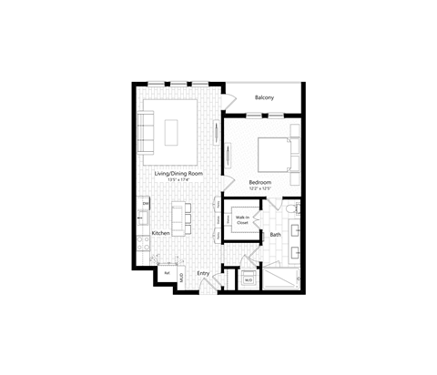 Floor plan for 1 bed, 1 bath, 828 sqft